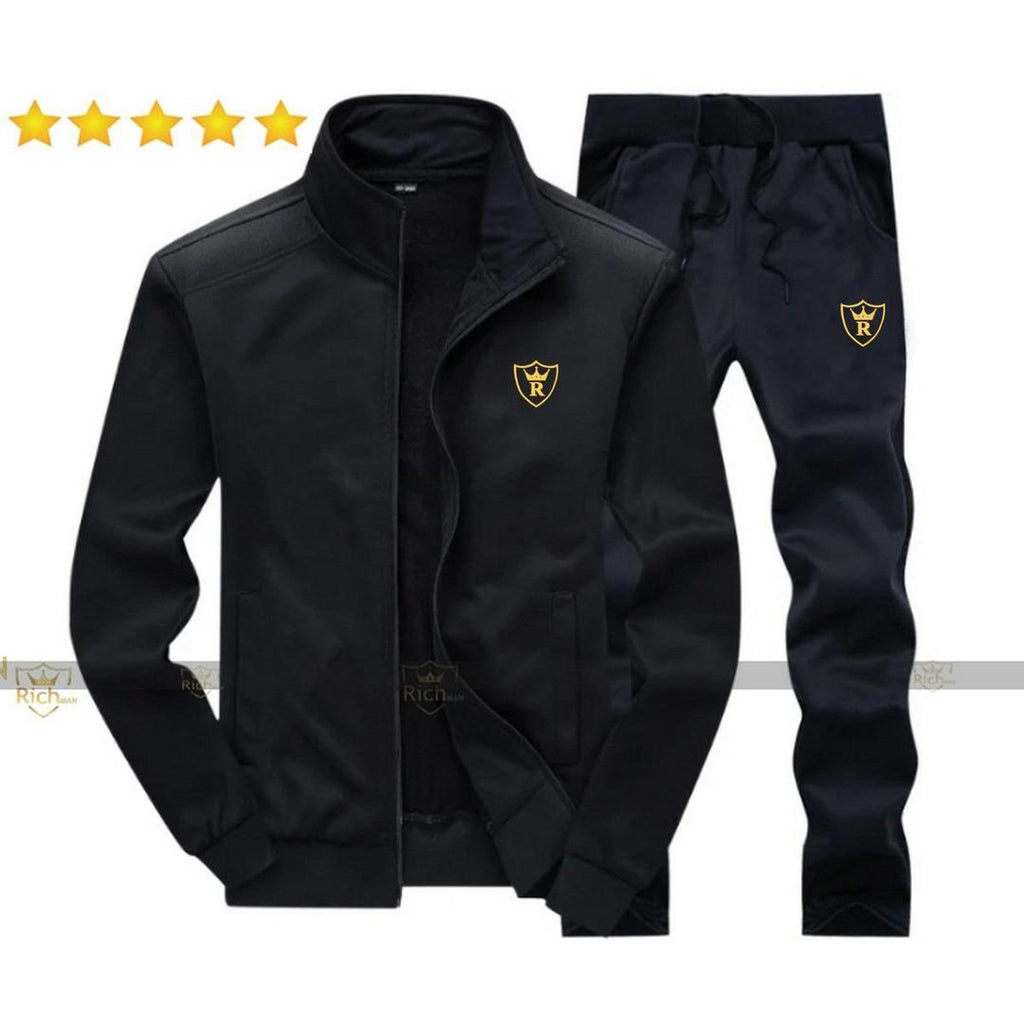 Men’s Fleece Track Suit – Plain Black | 2 Pcs | Sports & Casual Wear