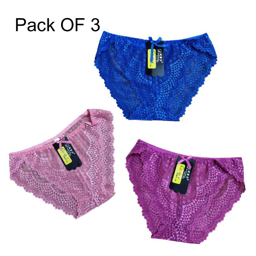 Women's Seamless Lace Panties – Pack of 3 (Random Colors)