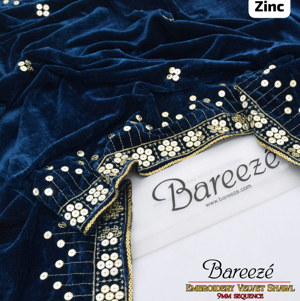 BAREEZE Velvet Shawl | Embroidered 9mm Sequence Work - Luxury Winter Collection 2025