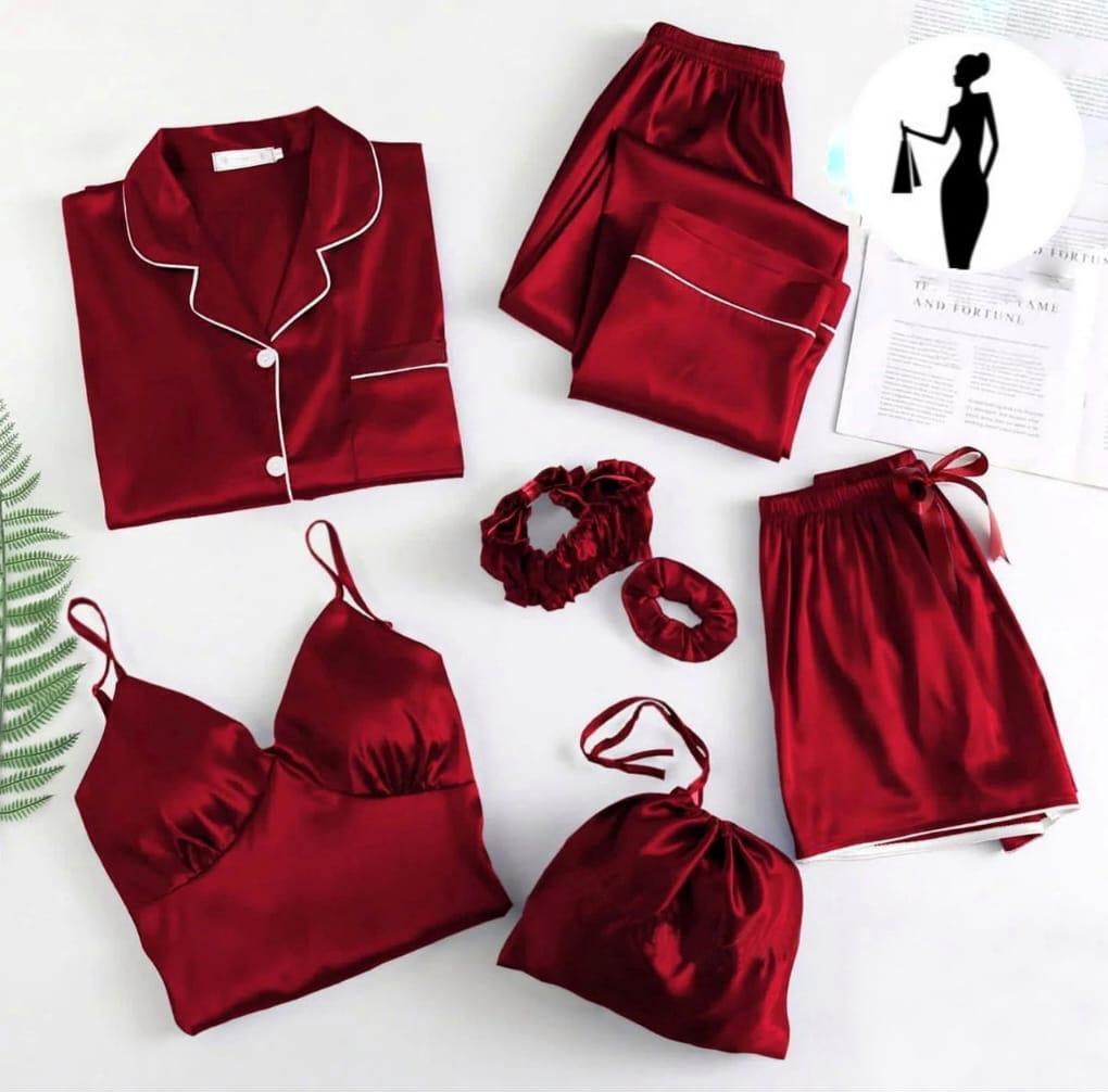 Luxury Silk Lace Camisole Set – Maroon Nightwear with Shorts, Trouser & Accessories
