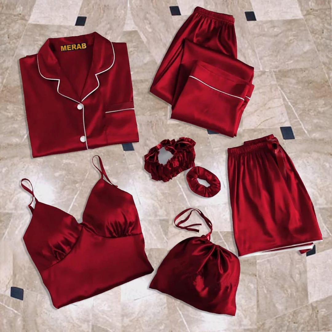 Luxury Silk Lace Camisole Set – Maroon Nightwear with Shorts, Trouser & Accessories