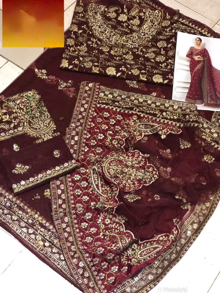 Maria B Saree – Net Embroidered Hand Embellished Luxury Unstitched 3Pc