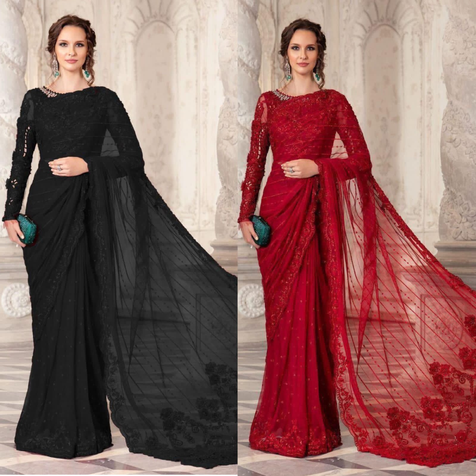Maria.B Net Saree – Embroidered Hand Embellished Luxury Unstitched 3Pc