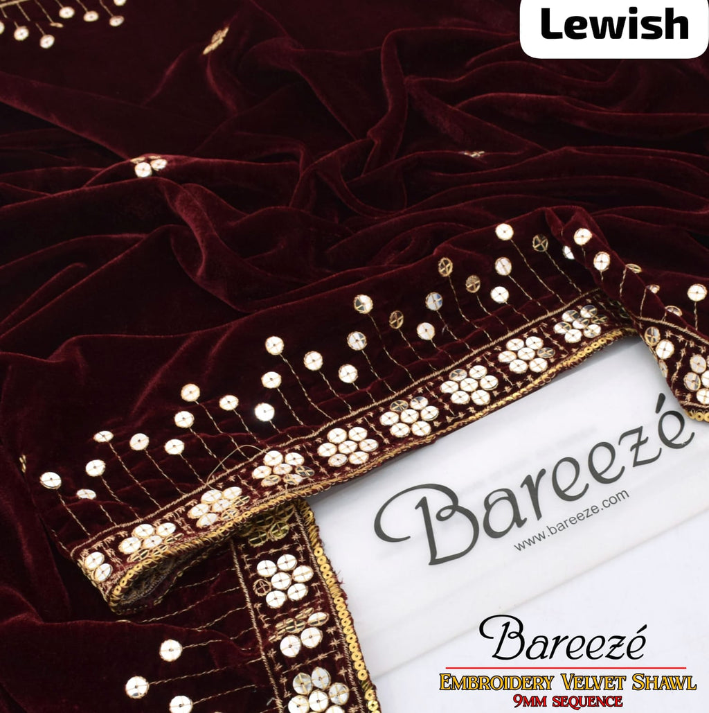 BAREEZE Velvet Shawl | Embroidered 9mm Sequence Work - Luxury Winter Collection 2025
