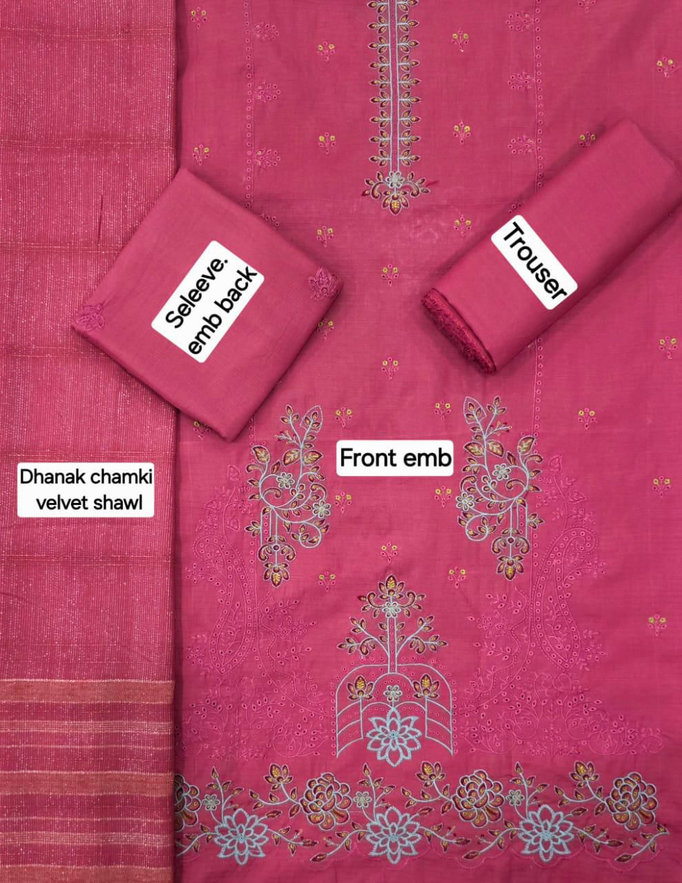 Women’s Winter Premium Collection – Zarqash Banadora Dhanak 3PC Embroidered Suit with Velvet Shawl