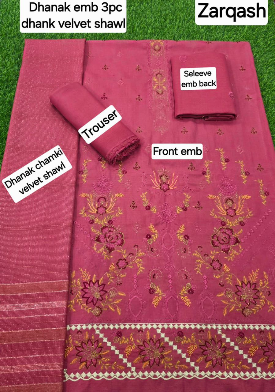 Women’s Winter Premium Collection – Zarqash Banadora Dhanak 3PC Embroidered Suit with Velvet Shawl