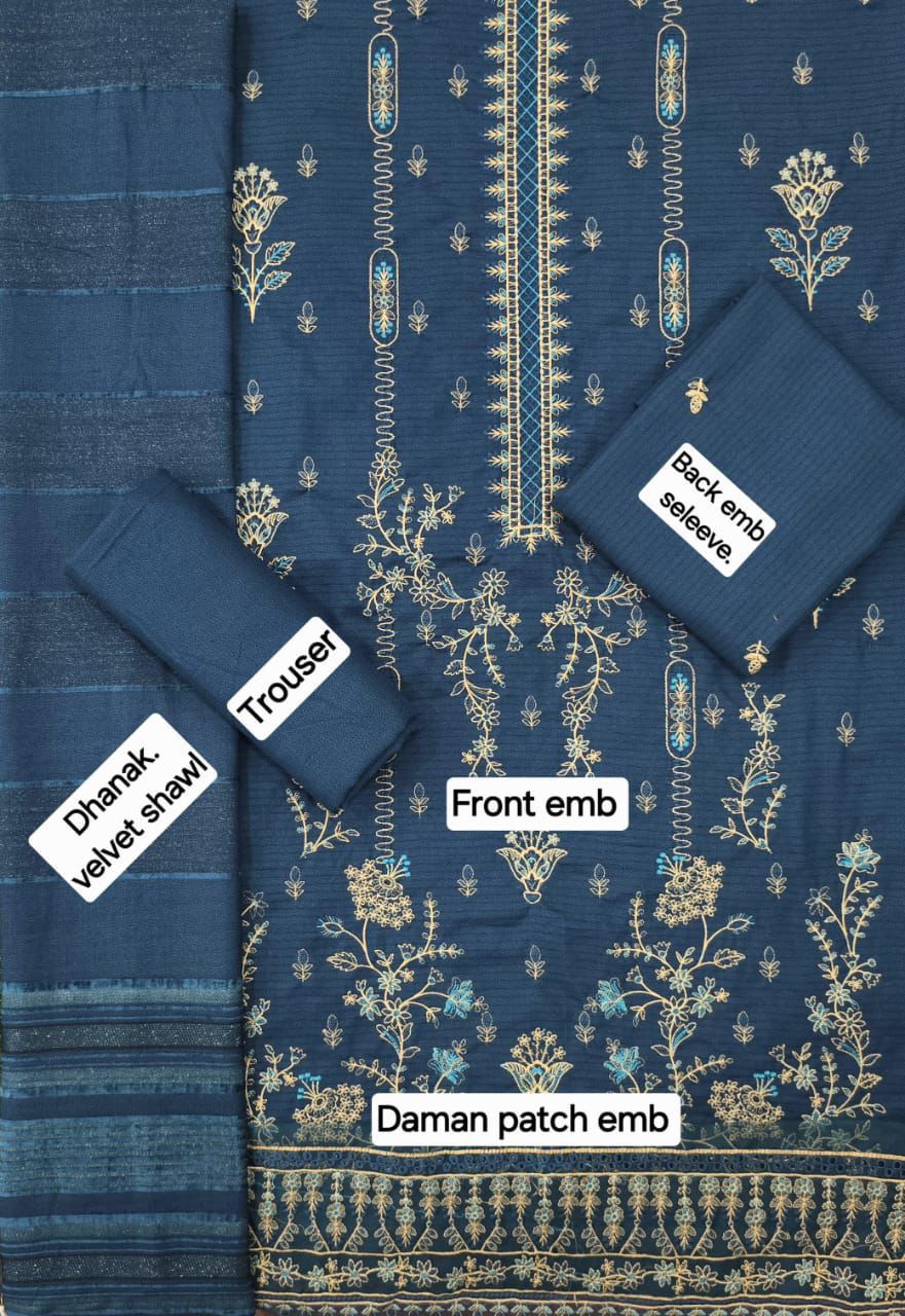 Women’s Winter Premium Collection – Zarqash Banadora Dhanak 3PC Embroidered Suit with Velvet Shawl