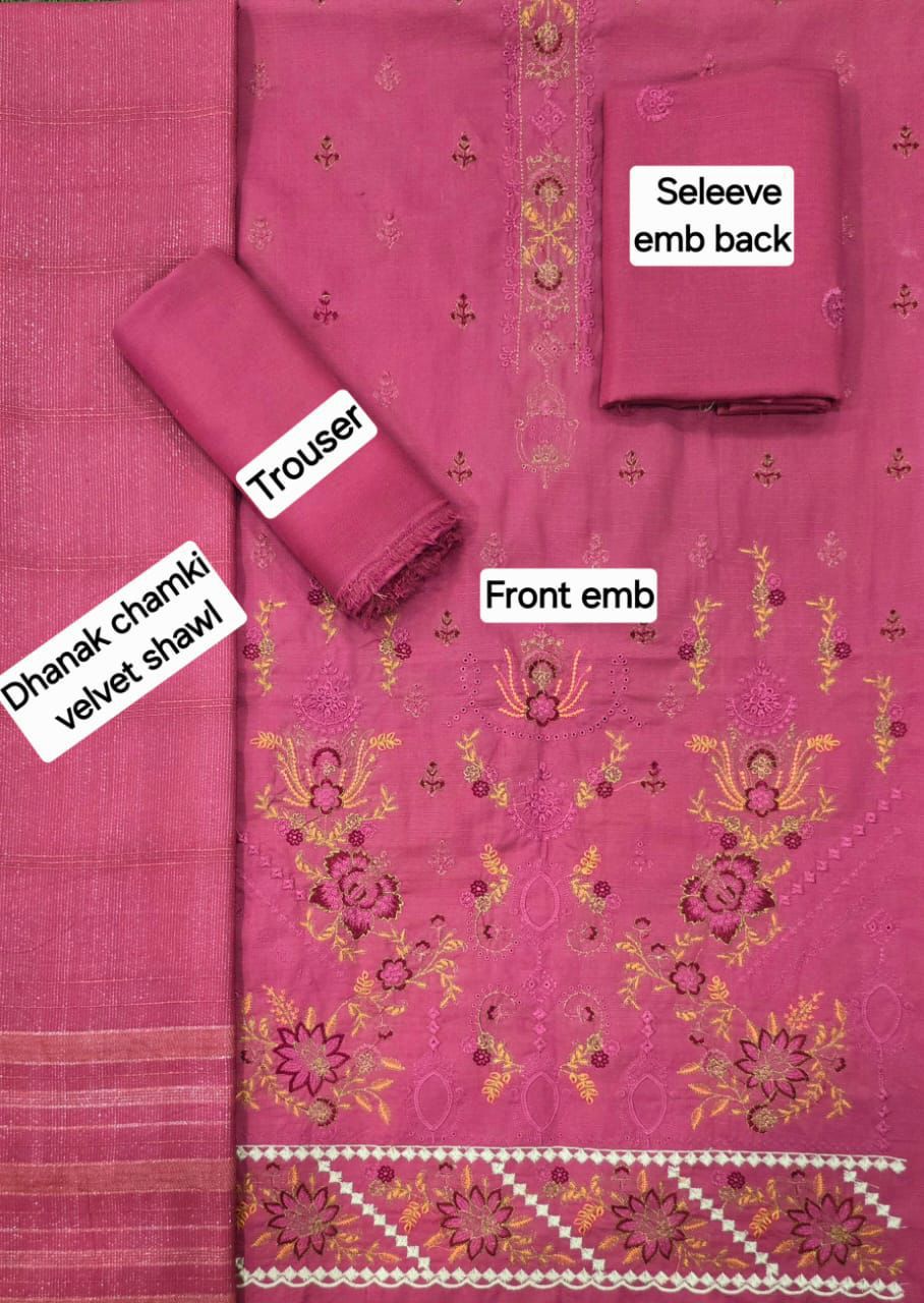 Women’s Winter Premium Collection – Zarqash Banadora Dhanak 3PC Embroidered Suit with Velvet Shawl