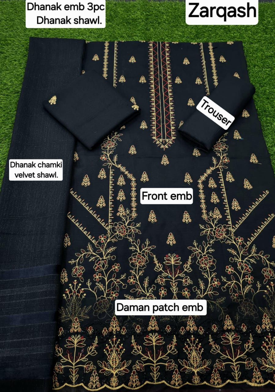 Women’s Winter Premium Collection – Zarqash Banadora Dhanak 3PC Embroidered Suit with Velvet Shawl