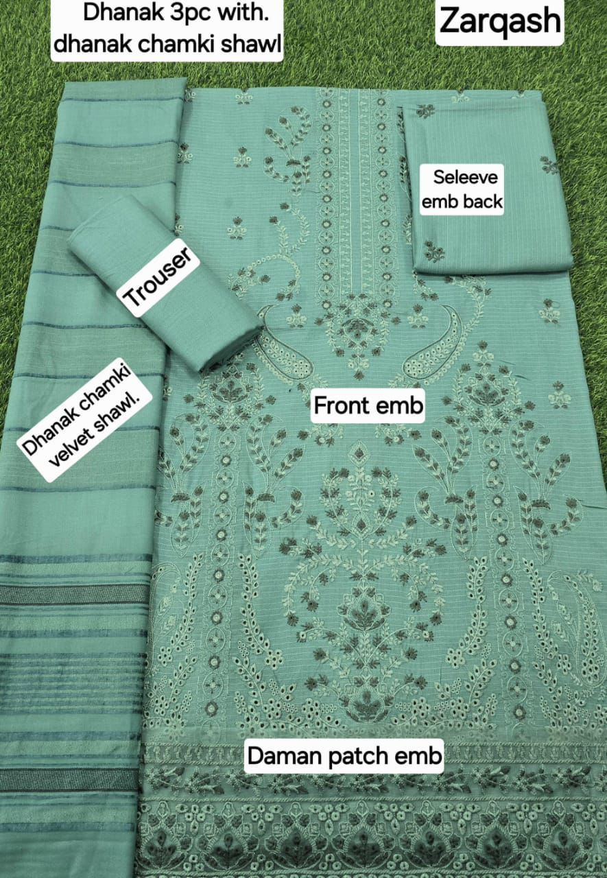 Women’s Winter Premium Collection – Zarqash Banadora Dhanak 3PC Embroidered Suit with Velvet Shawl