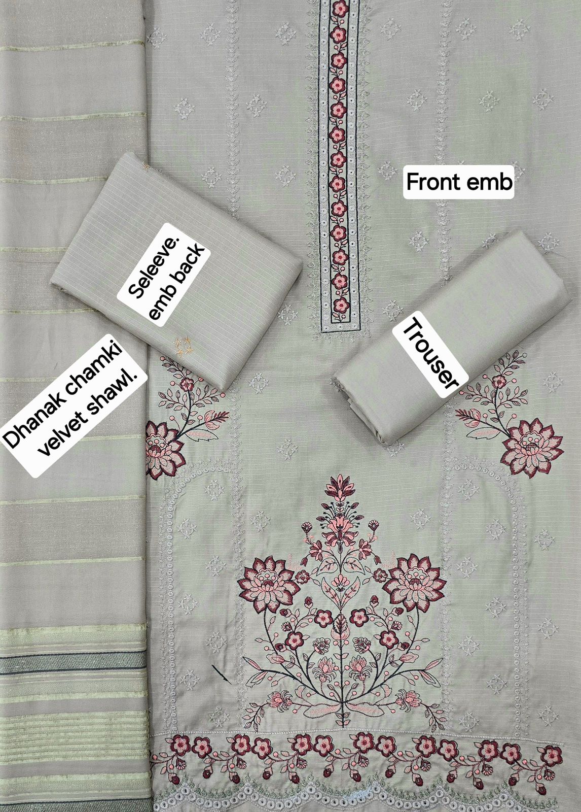 Women’s Winter Premium Collection – Zarqash Banadora Dhanak 3PC Embroidered Suit with Velvet Shawl