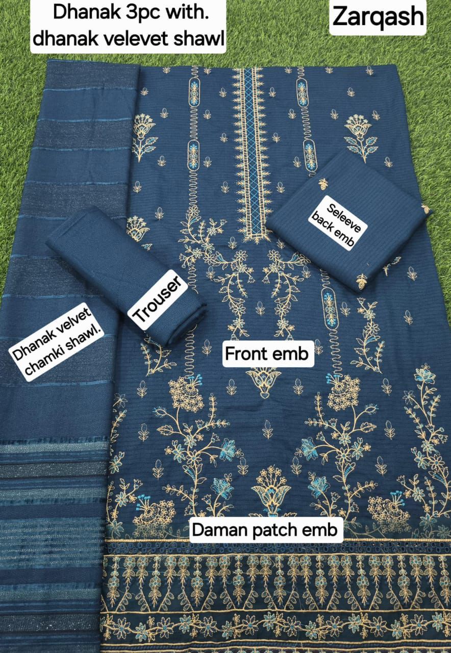 Women’s Winter Premium Collection – Zarqash Banadora Dhanak 3PC Embroidered Suit with Velvet Shawl