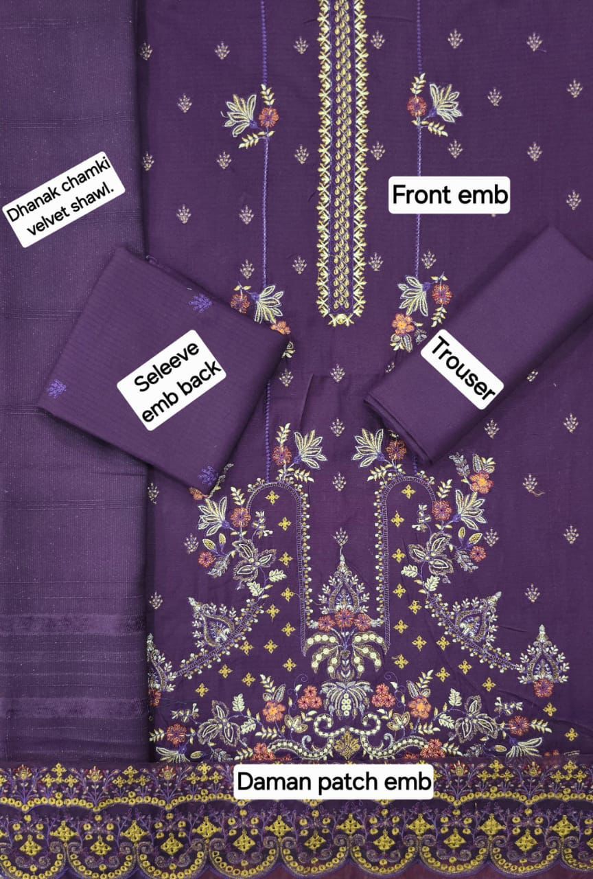 Women’s Winter Premium Collection – Zarqash Banadora Dhanak 3PC Embroidered Suit with Velvet Shawl