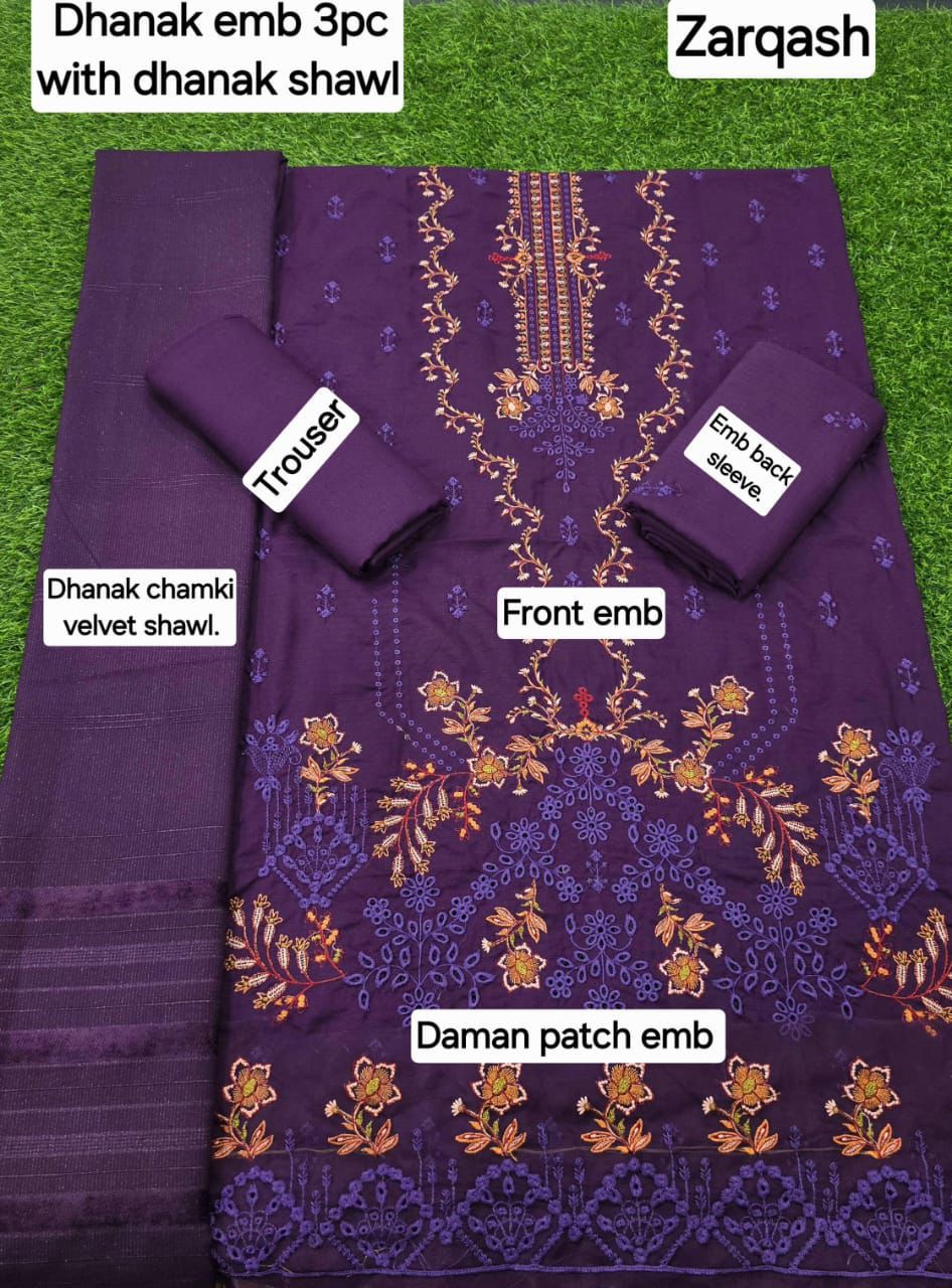 Women’s Winter Premium Collection – Zarqash Banadora Dhanak 3PC Embroidered Suit with Velvet Shawl