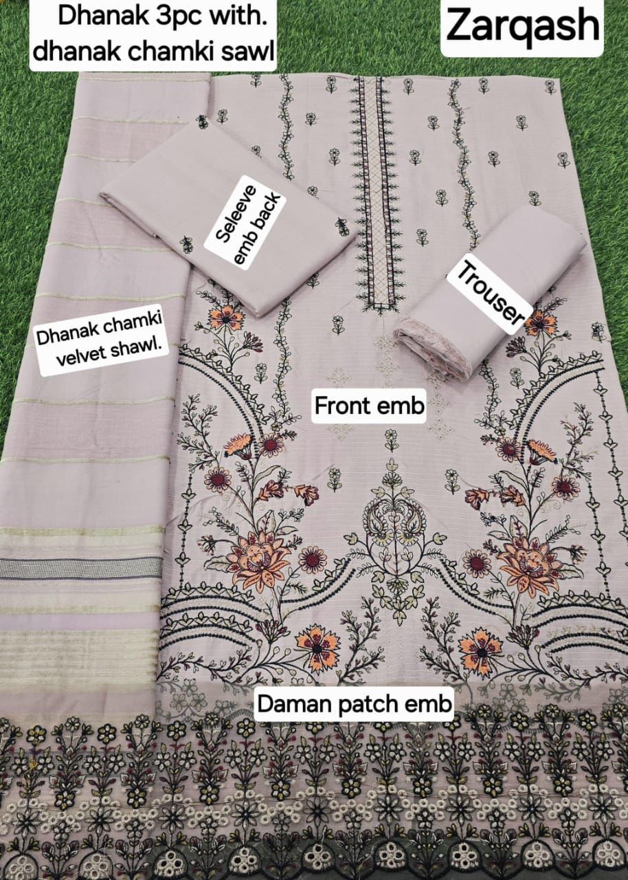 Women’s Winter Premium Collection – Zarqash Banadora Dhanak 3PC Embroidered Suit with Velvet Shawl