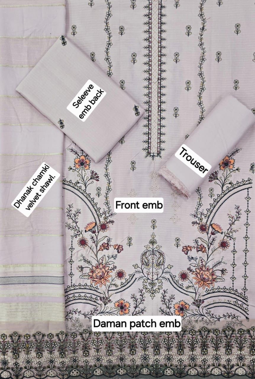 Women’s Winter Premium Collection – Zarqash Banadora Dhanak 3PC Embroidered Suit with Velvet Shawl