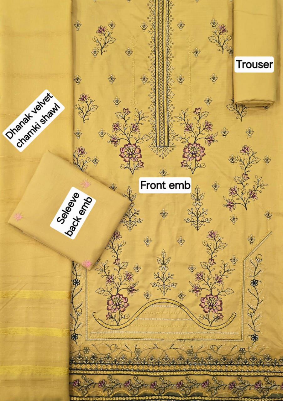 Women’s Winter Premium Collection – Zarqash Banadora Dhanak 3PC Embroidered Suit with Velvet Shawl