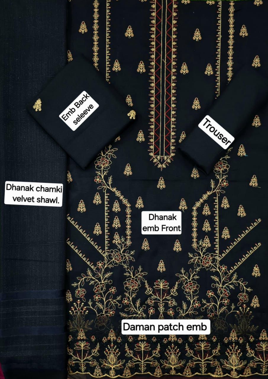 Women’s Winter Premium Collection – Zarqash Banadora Dhanak 3PC Embroidered Suit with Velvet Shawl