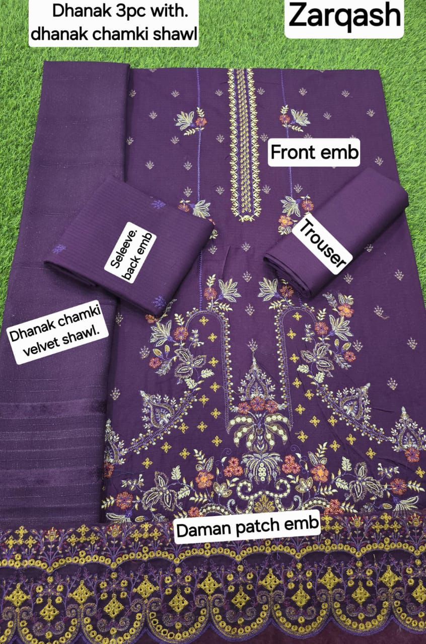 Women’s Winter Premium Collection – Zarqash Banadora Dhanak 3PC Embroidered Suit with Velvet Shawl