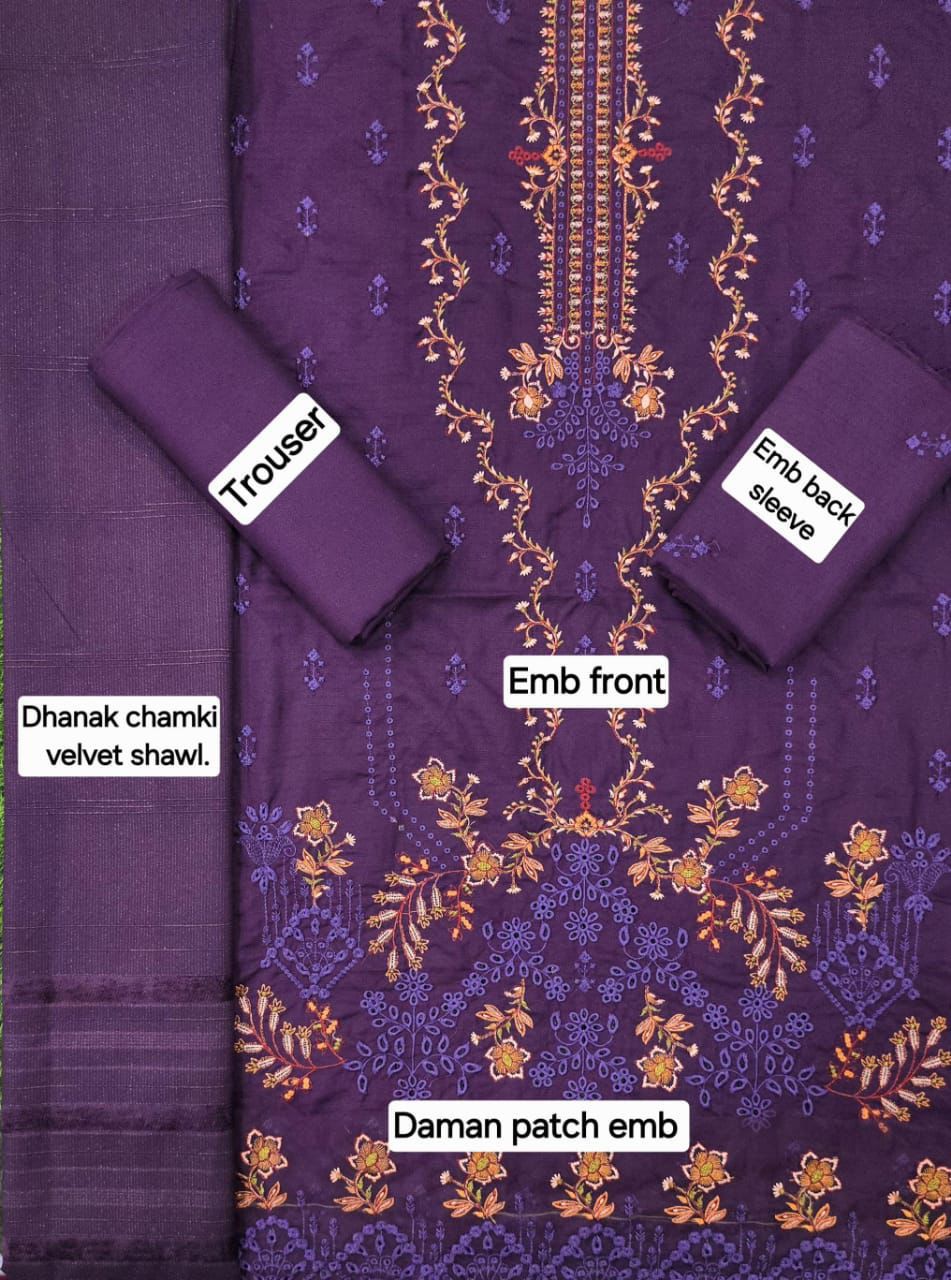 Women’s Winter Premium Collection – Zarqash Banadora Dhanak 3PC Embroidered Suit with Velvet Shawl