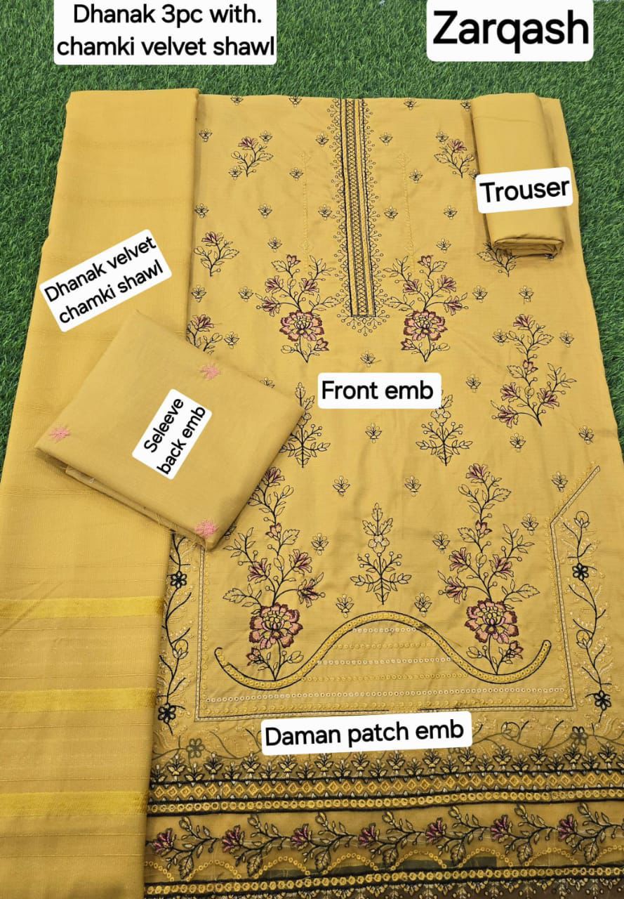 Women’s Winter Premium Collection – Zarqash Banadora Dhanak 3PC Embroidered Suit with Velvet Shawl