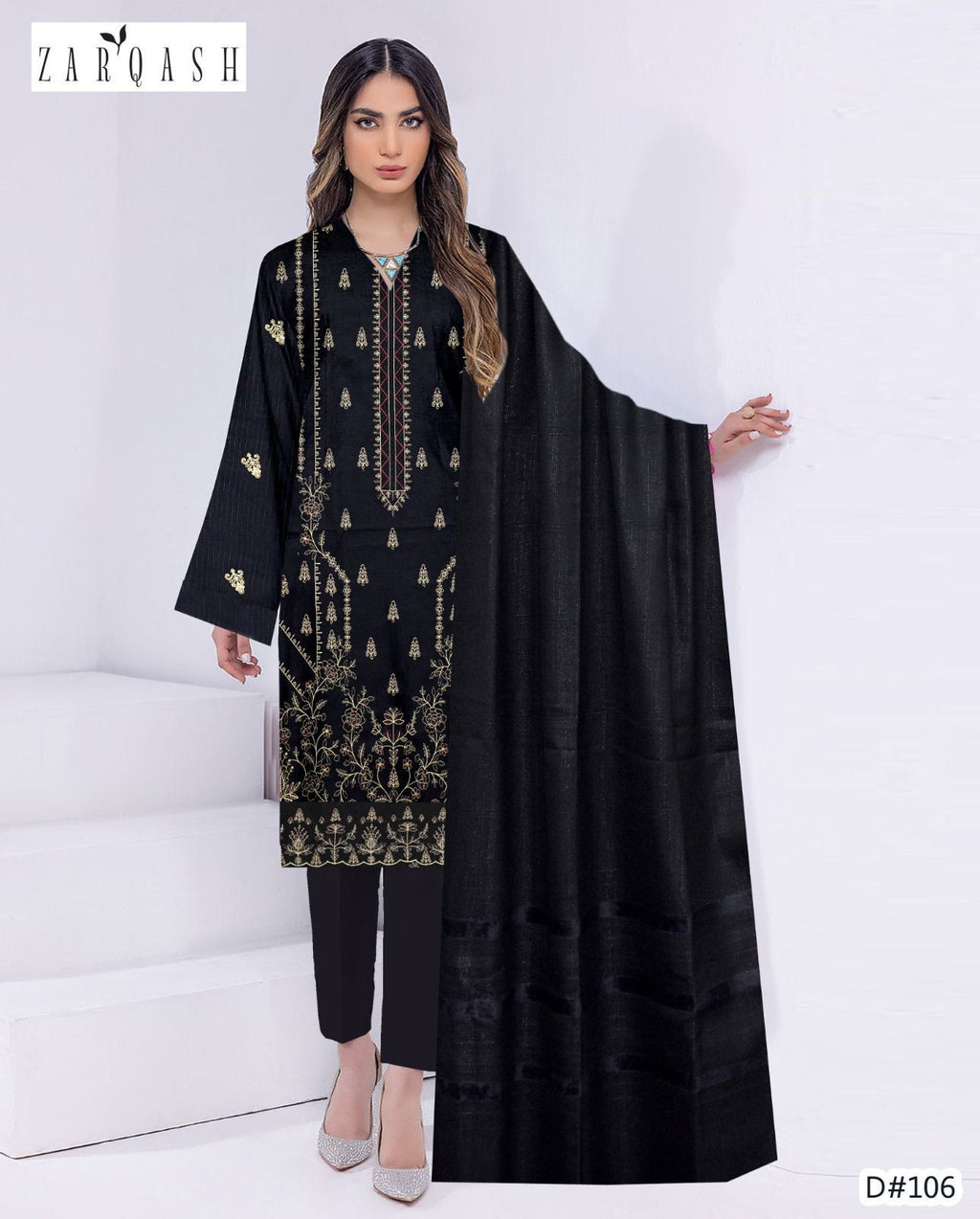 Women’s Winter Premium Collection – Zarqash Banadora Dhanak 3PC Embroidered Suit with Velvet Shawl