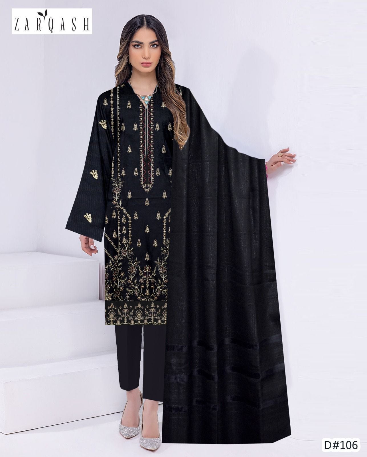 Women’s Winter Premium Collection – Zarqash Banadora Dhanak 3PC Embroidered Suit with Velvet Shawl