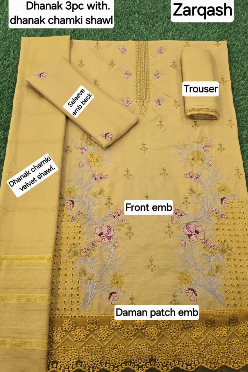 Women’s Winter Premium Collection – Zarqash Banadora Dhanak 3PC Embroidered Suit with Velvet Shawl