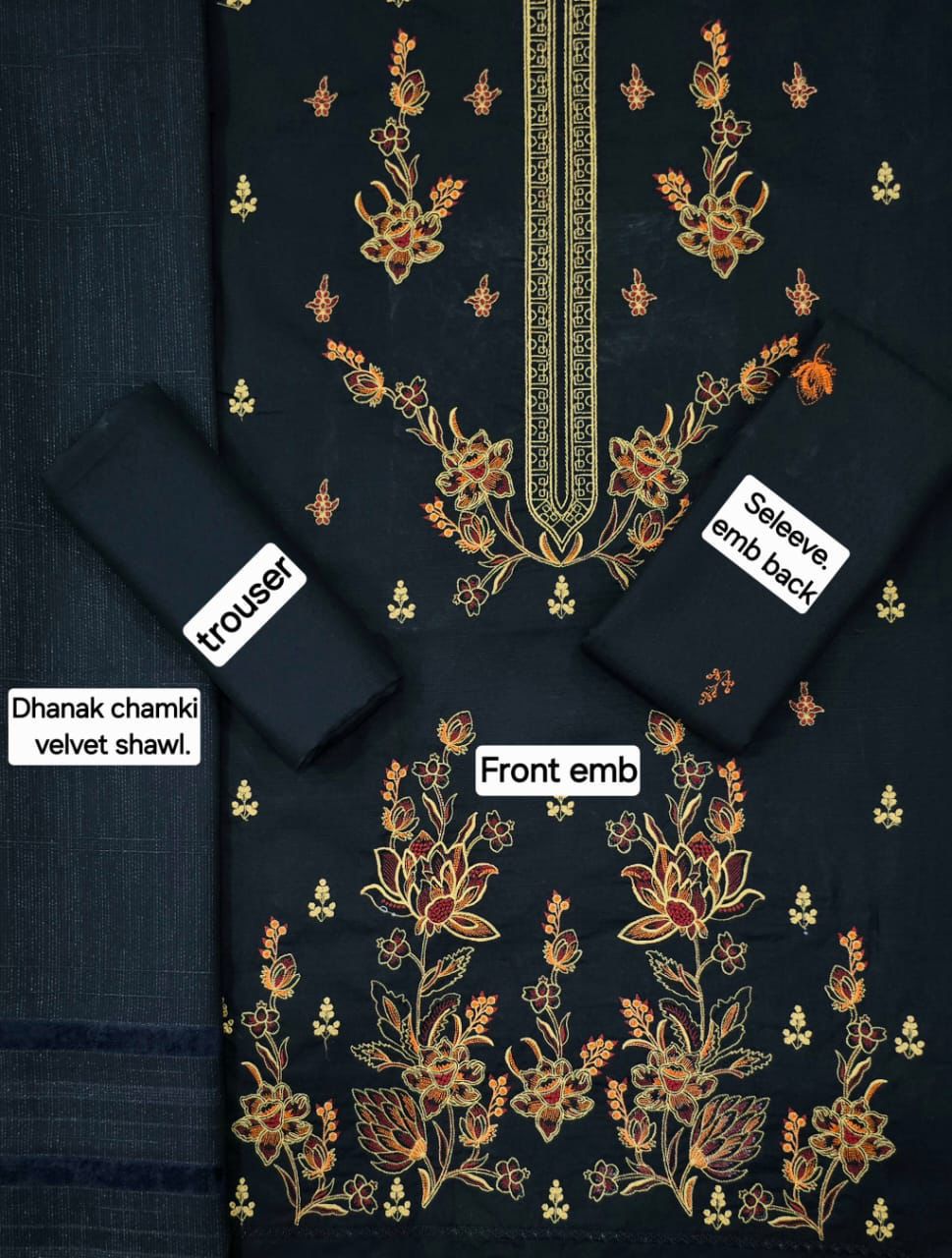 Women’s Winter Premium Collection – Zarqash Banadora Dhanak 3PC Embroidered Suit with Velvet Shawl