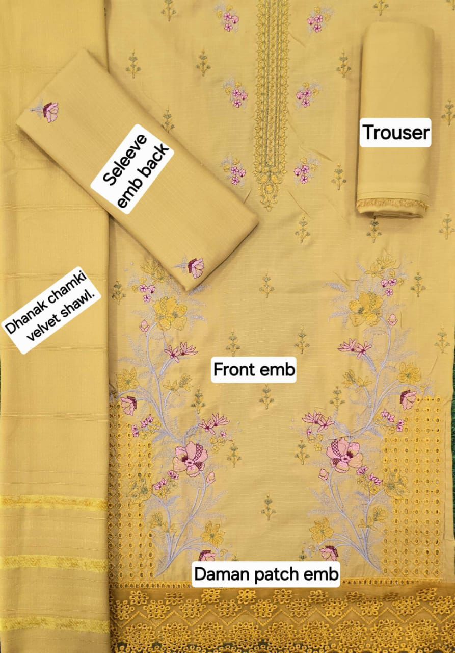Women’s Winter Premium Collection – Zarqash Banadora Dhanak 3PC Embroidered Suit with Velvet Shawl