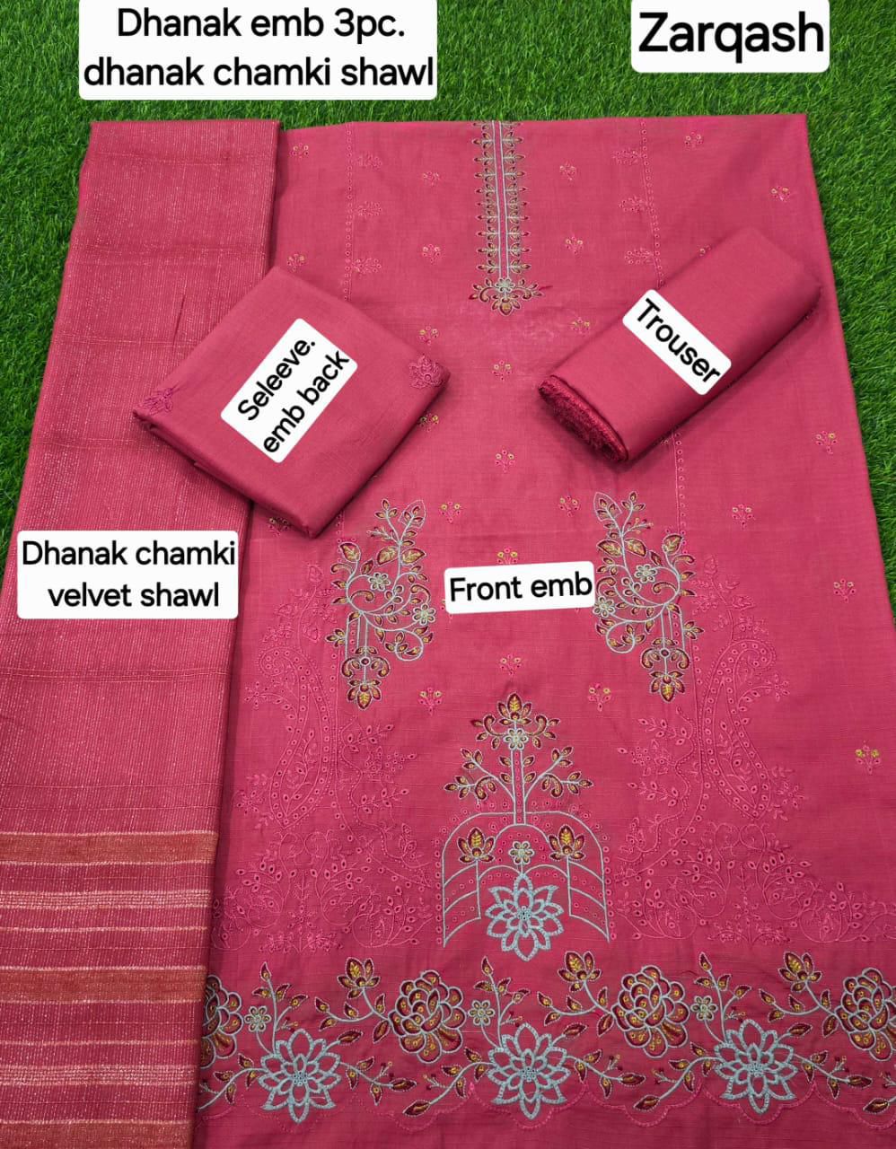 Women’s Winter Premium Collection – Zarqash Banadora Dhanak 3PC Embroidered Suit with Velvet Shawl