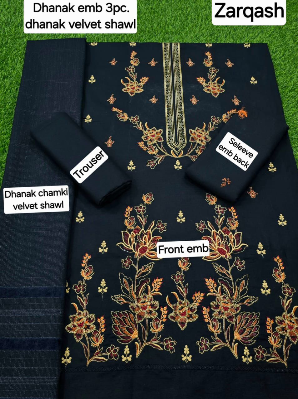Women’s Winter Premium Collection – Zarqash Banadora Dhanak 3PC Embroidered Suit with Velvet Shawl