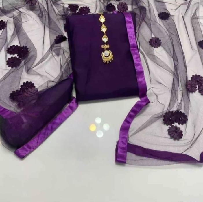3 Pcs Women's Unstitched Katan Silk Suit | Plain Fabric Collection