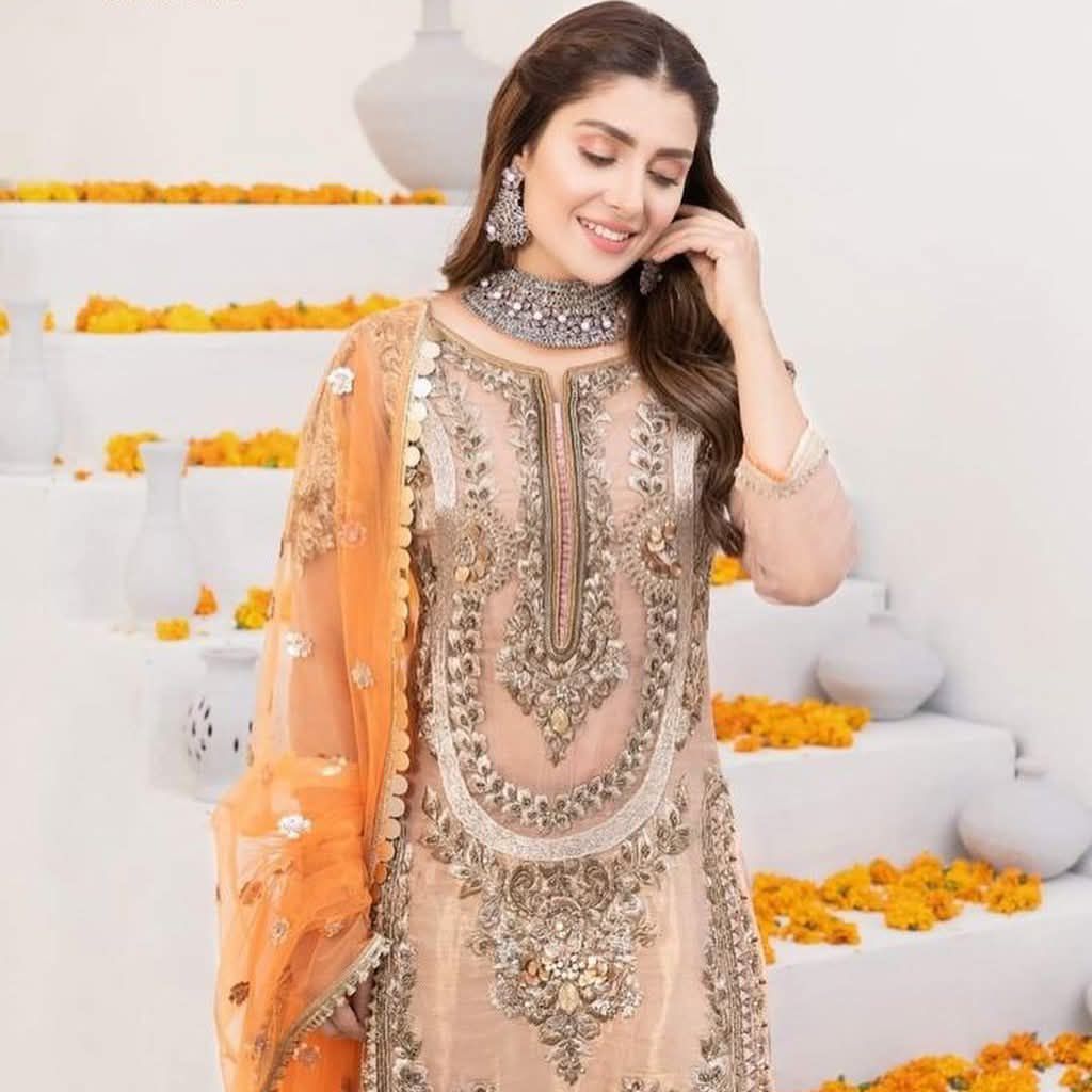 Azure Chiffon Embroidered Luxury Unstitched 3PC Suit – Noor-e-Libaas