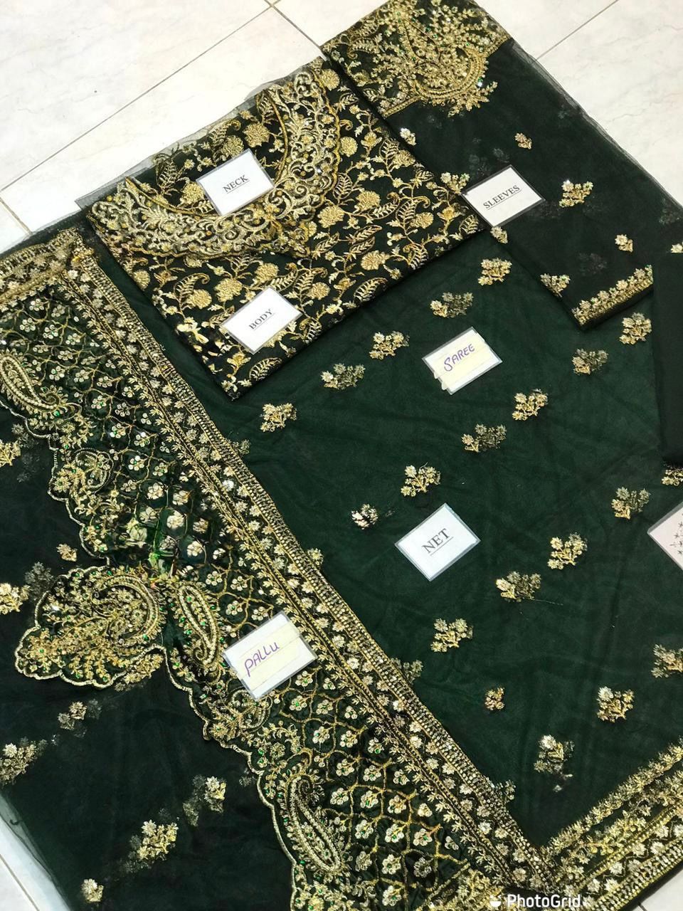 Maria B Saree – Net Embroidered Hand Embellished Luxury Unstitched 3Pc